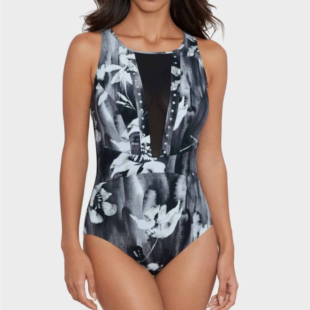 NWT $188 Amoressa by Miracle Suit Centai One-Piece Swimsuit Mesh and Studs 6 - Picture 1 of 15
